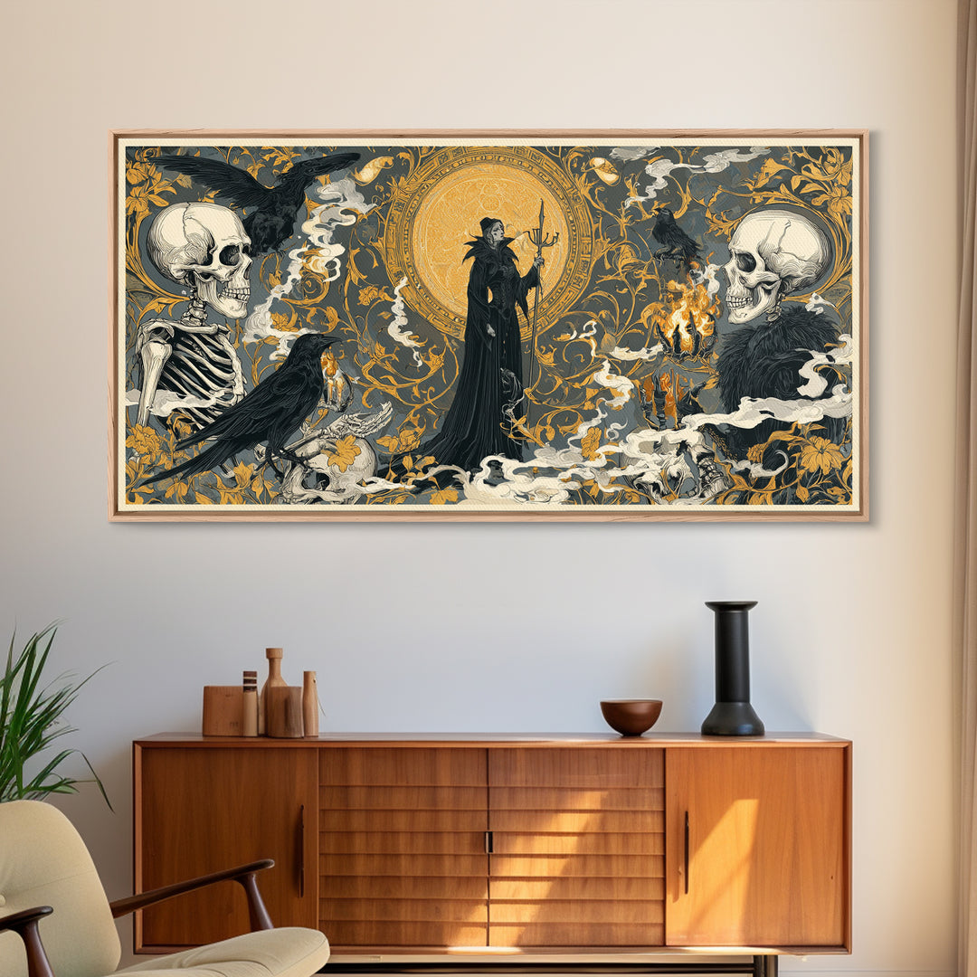 Art Nouveau Witchcraft, Macabre Folk Print Art, Wide Panoramic Art, Dark Fantasy Wall Art, Framed Canvas Print, Halloween Decor