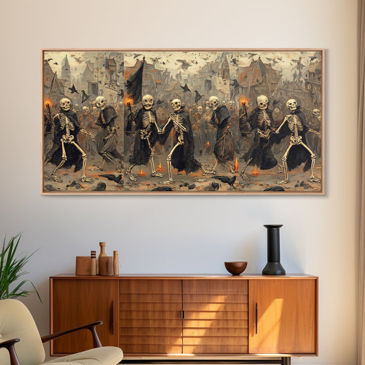 Medieval Danse Macabre, Northern Renaissance Horror, Wide Panoramic Art, Dark Fantasy Wall Art, Framed Canvas Print