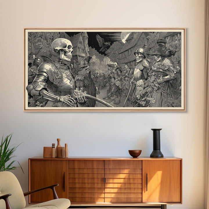 Medieval Danse Macabre, Renaissance Engraving Art, Wide Panoramic Art, Dark Fantasy Wall Art, Framed Canvas Print, Halloween Wall Art