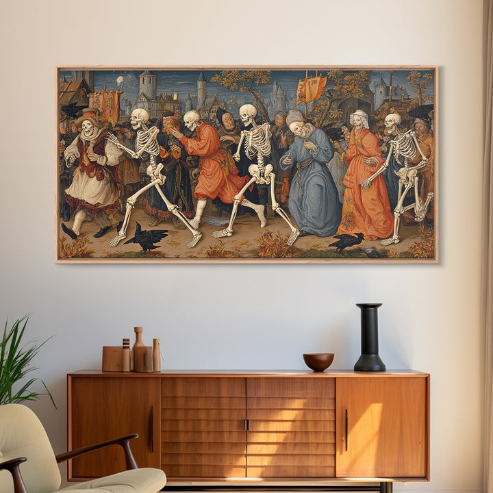 Medieval Danse Macabre, Danse Macabre Art, Wide Panoramic Art, Dark Fantasy Wall Art, Canvas Print, Halloween Wall Art