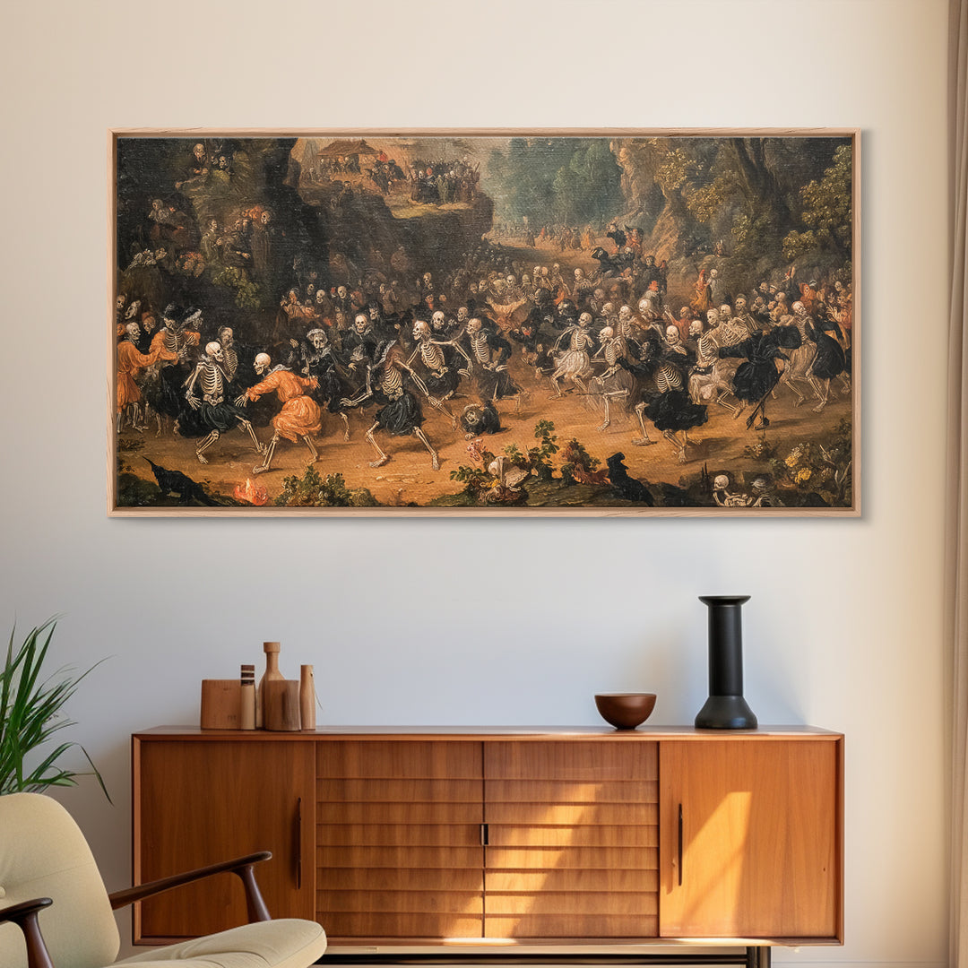 Medieval Danse Macabre, Baroque Witchcraft Art, Wide Panoramic Art, Dark Halloween Decor, Canvas Print, Halloween Wall Art