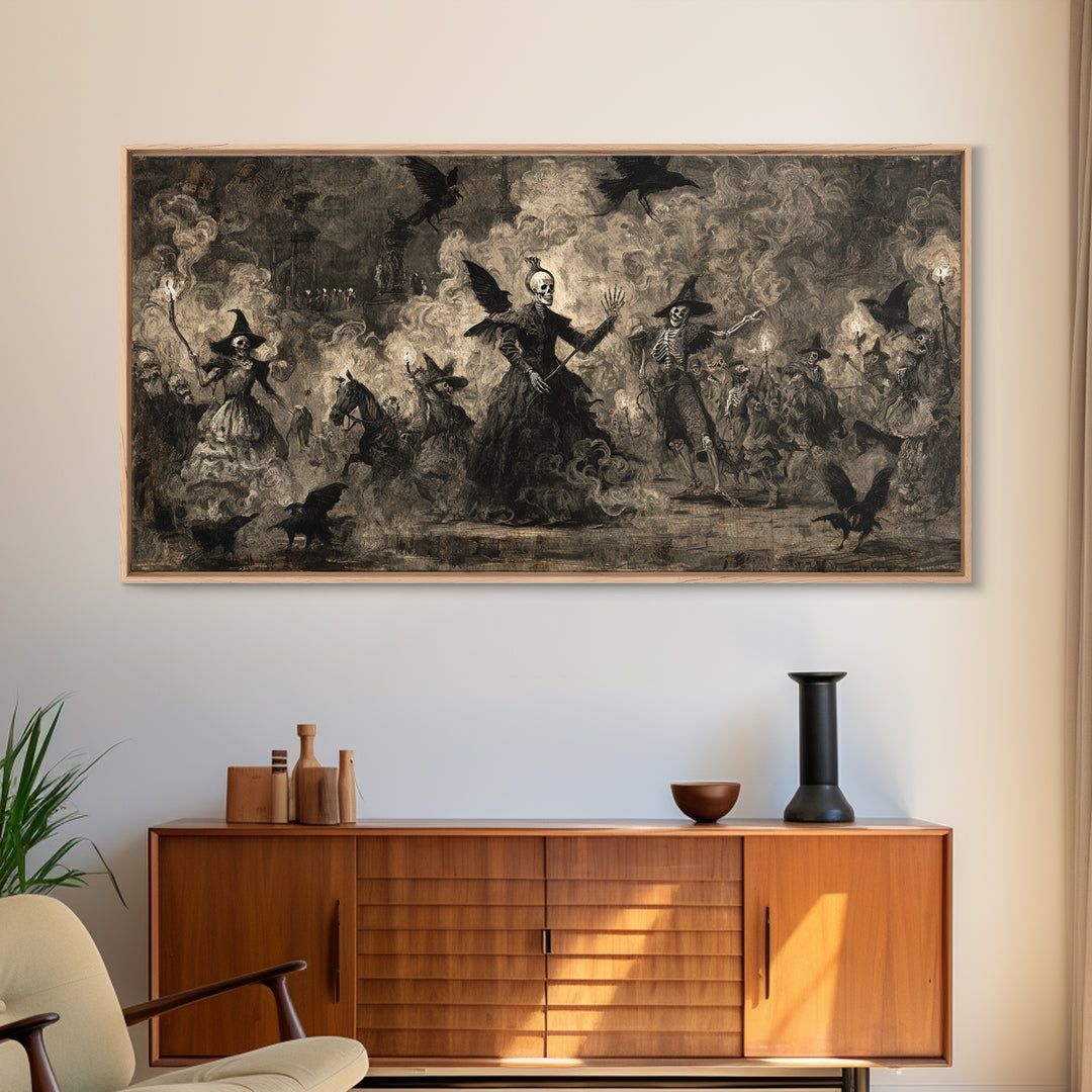 Medieval Danse Macabre, Dark Romantic Horror Art, Wide Panoramic Art, Gothic Horror Wall Art, Framed Canvas Print, Halloween Wall Art