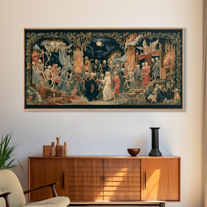 Medieval Danse Macabre, Visionary Gothic Art, Wide Panoramic Art, Dark Fantasy Wall Art, Framed Canvas Print, Halloween Wall Art