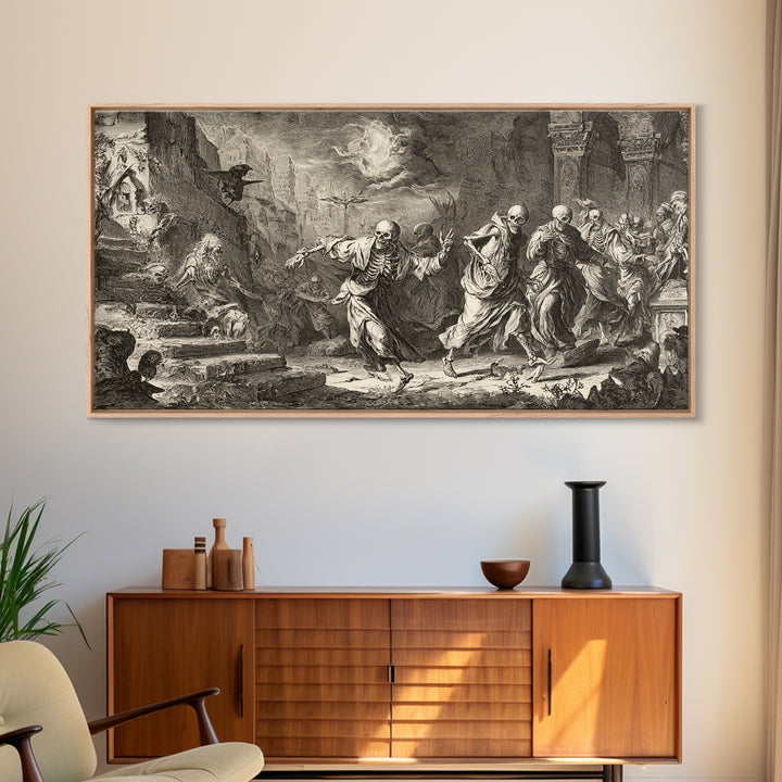 Medieval Danse Macabre, Architectural Etching Art, Wide Panoramic Art, Dark Halloween Decor, Framed Canvas Print