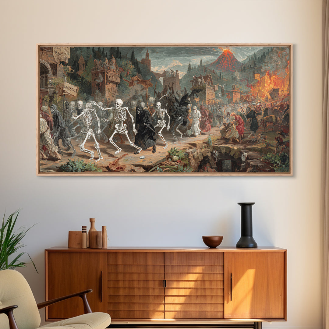 Medieval Danse Macabre, Apocalyptic Romantic Art, Wide Panoramic Art, Gothic Horror Wall Art, Canvas Print, Halloween Wall Art