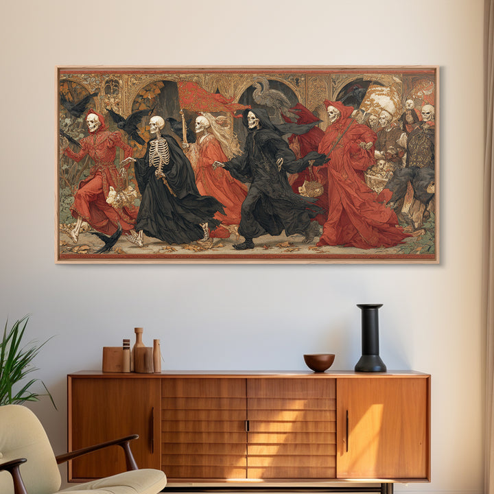 Medieval Danse Macabre, Ornate Symbolist Art, Wide Panoramic Art, Macabre Wall Art, Canvas Print, Halloween Wall Art