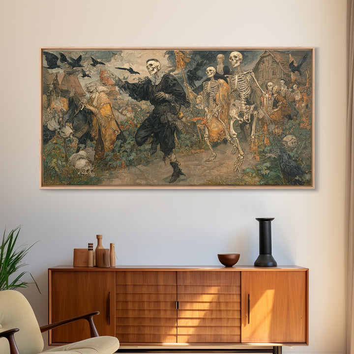 Medieval Danse Macabre, Decadent Gothic Art, Wide Panoramic Art, Macabre Wall Art, Framed Canvas Print, Halloween Wall Art