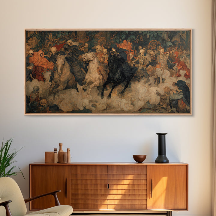 Medieval Danse Macabre, Dark Symbolist Art, Wide Panoramic Art, Dark Halloween Decor, Canvas Print, Halloween Wall Art