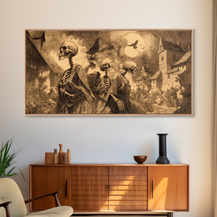 Medieval Danse Macabre, Expressionist Nightmare Art, Wide Panoramic Art, Dark Fantasy Wall Art, Framed Canvas Print, Halloween Wall Art