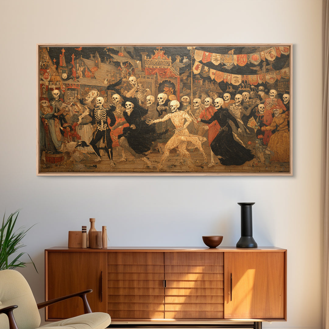 Medieval Danse Macabre, Grotesque Carnival Art, Wide Panoramic Art, Dark Fantasy Wall Art, Canvas Print, Halloween Wall Art