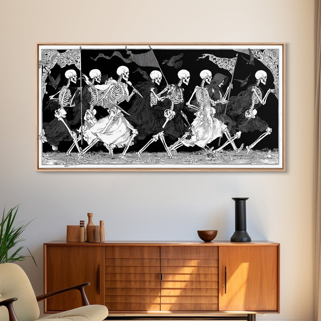 Medieval Danse Macabre, Decadent Line Art, Wide Panoramic Art, Dark Halloween Decor, Canvas Print, Halloween Wall Art