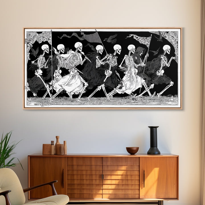 Medieval Danse Macabre, Decadent Line Art, Wide Panoramic Art, Dark Halloween Decor, Canvas Print, Halloween Wall Art