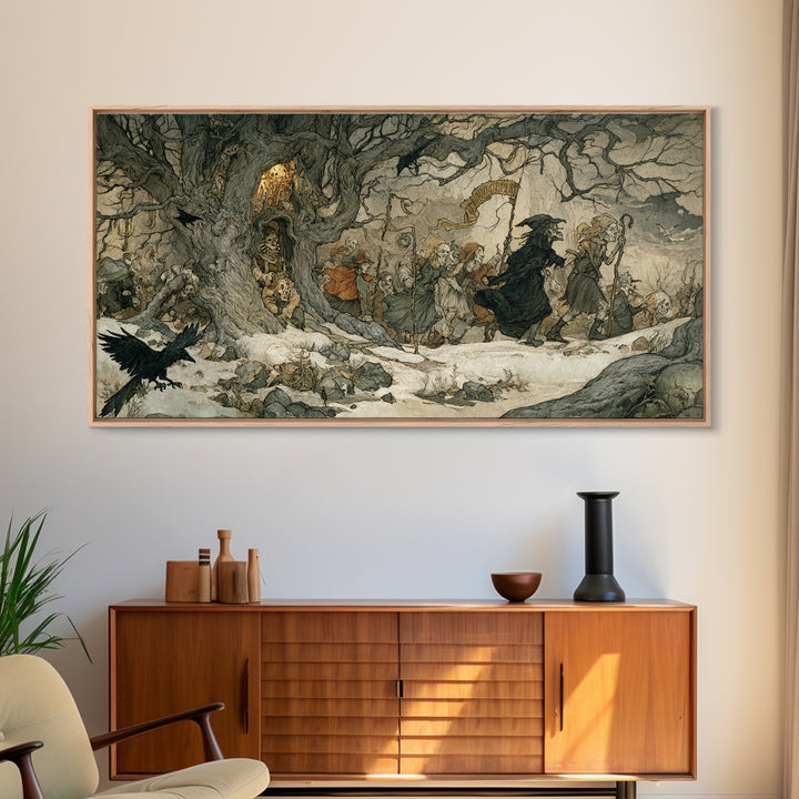 Medieval Danse Macabre, Gothic Storybook Art, Wide Panoramic Art, Dark Halloween Decor, Canvas Print, Halloween Wall Art