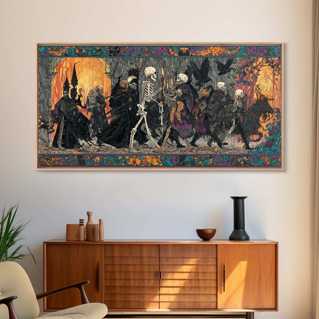 Medieval Danse Macabre, Stained Glass Gothic Art, Wide Panoramic Art, Gothic Horror Wall Art, Framed Canvas Print, Halloween Wall Art