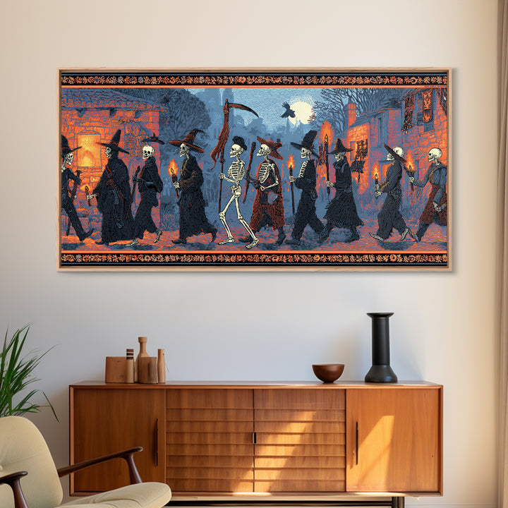 Medieval Danse Macabre, Macabre Folk Print Art, Wide Panoramic Art, Dark Fantasy Wall Art, Canvas Print, Halloween Wall Art