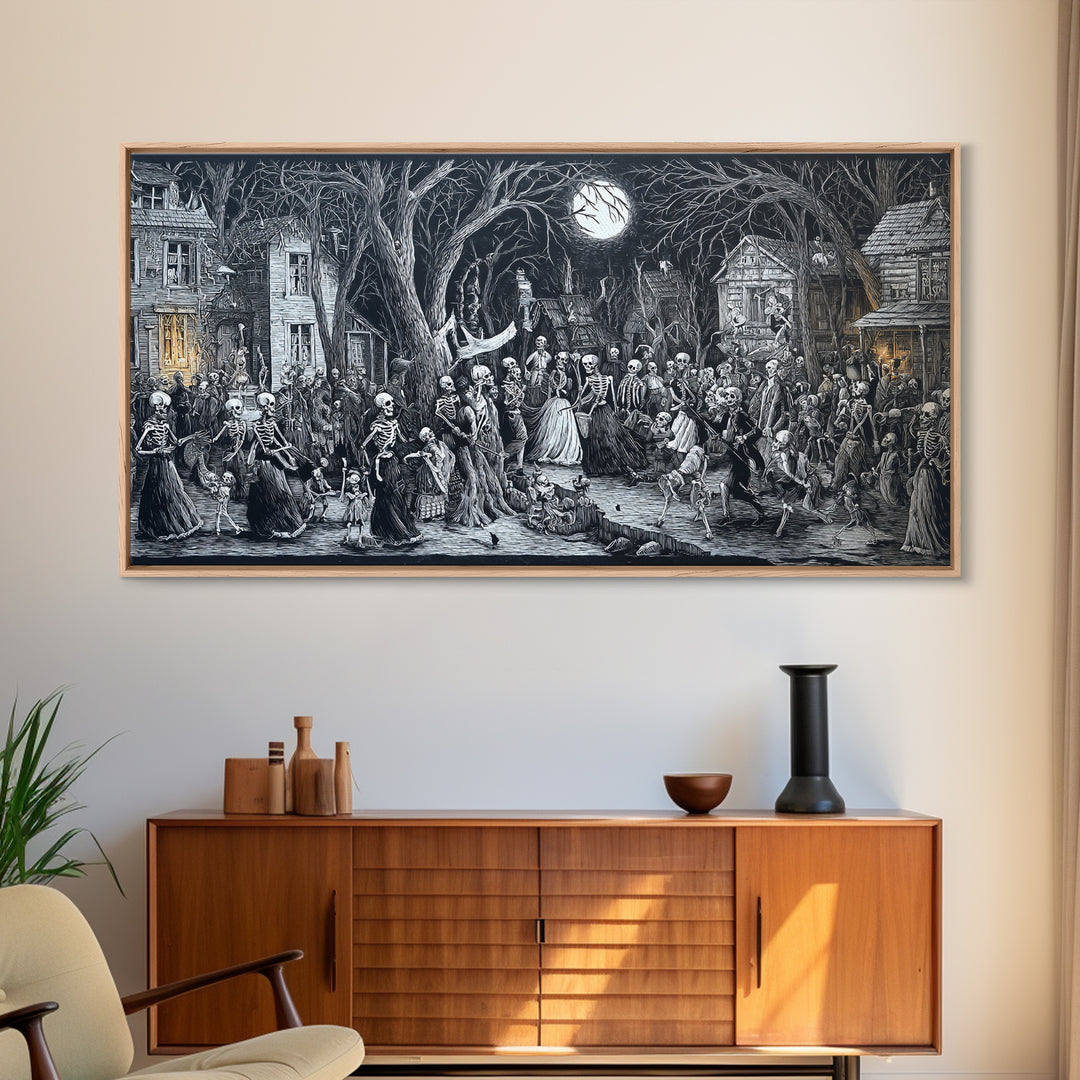 Medieval Danse Macabre, Victorian Macabre Art, Wide Panoramic Art, Gothic Horror Wall Art, Framed Canvas Print, Halloween Wall Art