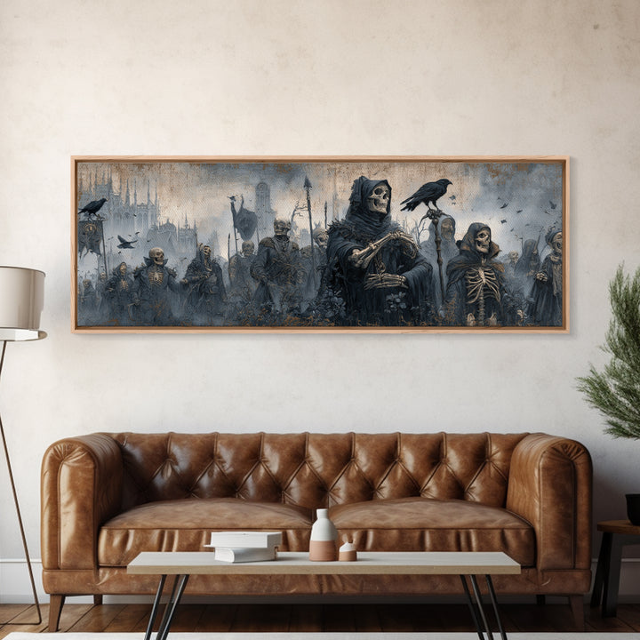 Medieval Danse Macabre, Surreal Apocalyptic Art, Extra Wide Wall Art, Dark Fantasy Wall Art, Framed Canvas Print, Halloween Wall Art