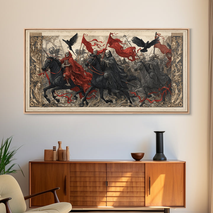 Medieval Danse Macabre, Biomechanical Horror Art, Wide Panoramic Art, Dark Halloween Decor, Canvas Print, Halloween Wall Art