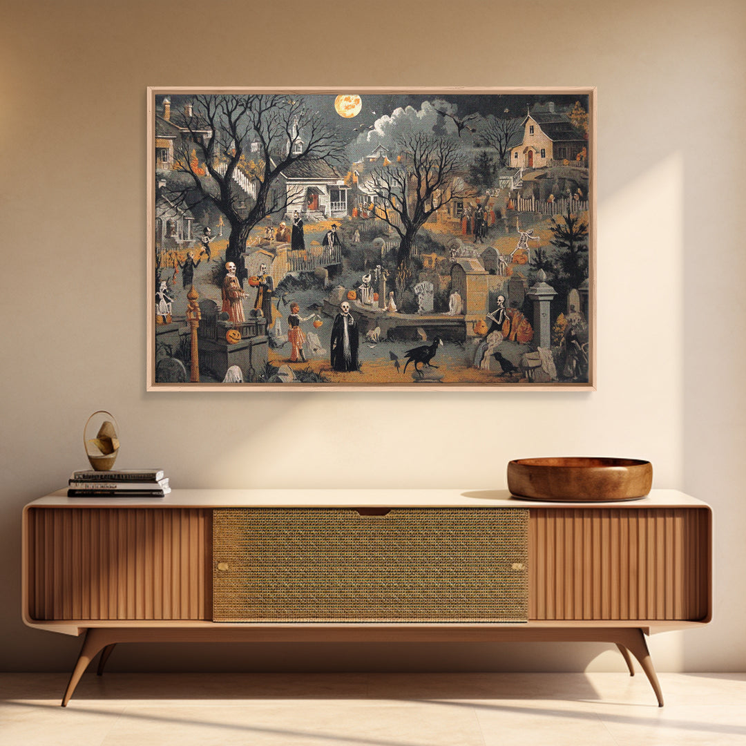 1950s Halloween Nostalgia, Danse Macabre Art, Landscape Wall Art, Macabre Wall Art, Canvas Print, Halloween Wall Art