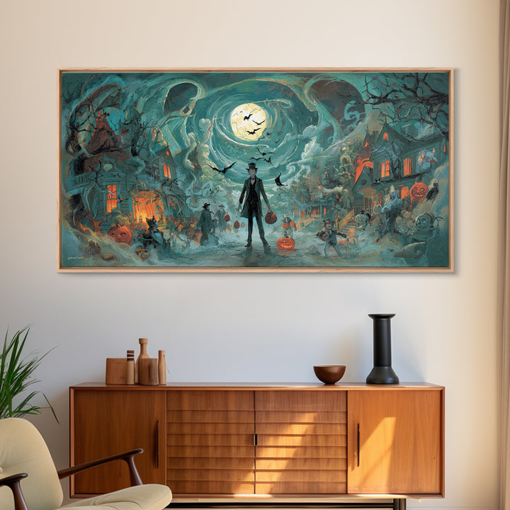 1950s Halloween Nostalgia, Apocalyptic Romantic Art, Wide Panoramic Art, Macabre Wall Art, Framed Canvas Print, Halloween Wall Art