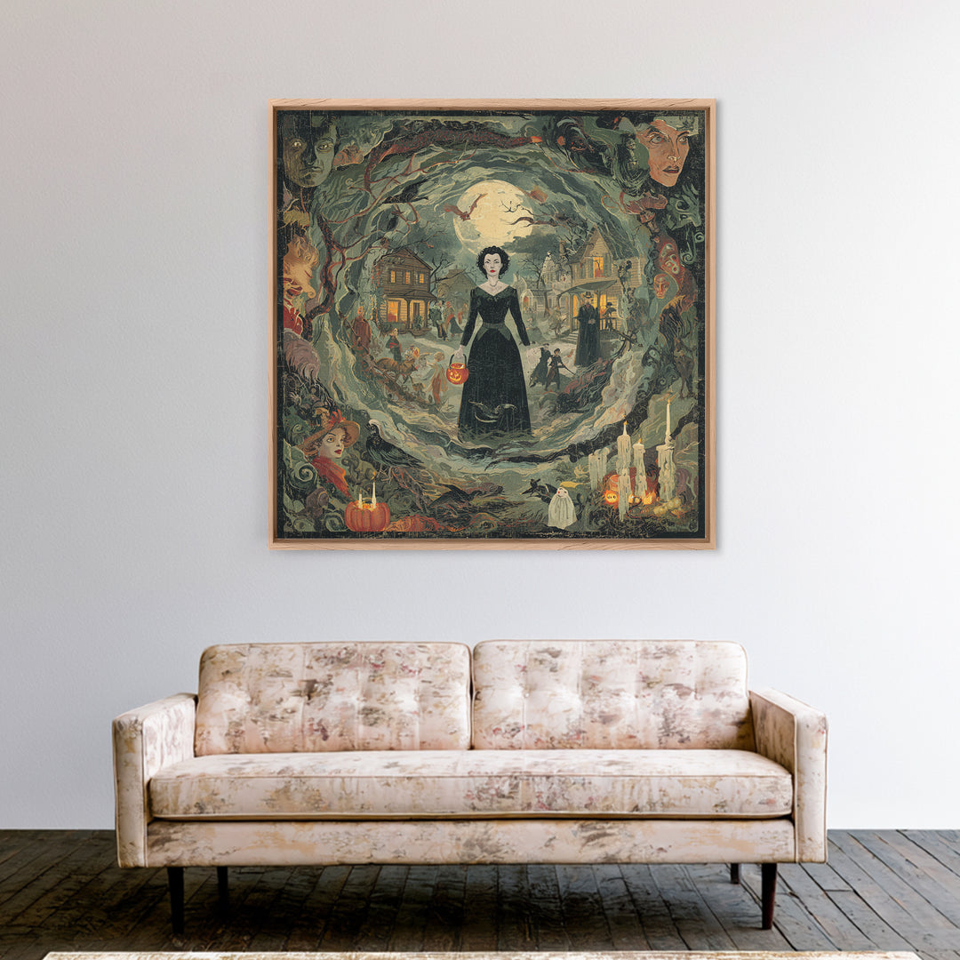 1950s Halloween Nostalgia, Dark Symbolist Art, Square Wall Art, Gothic Horror Wall Art, Framed Canvas Print, Halloween Wall Art