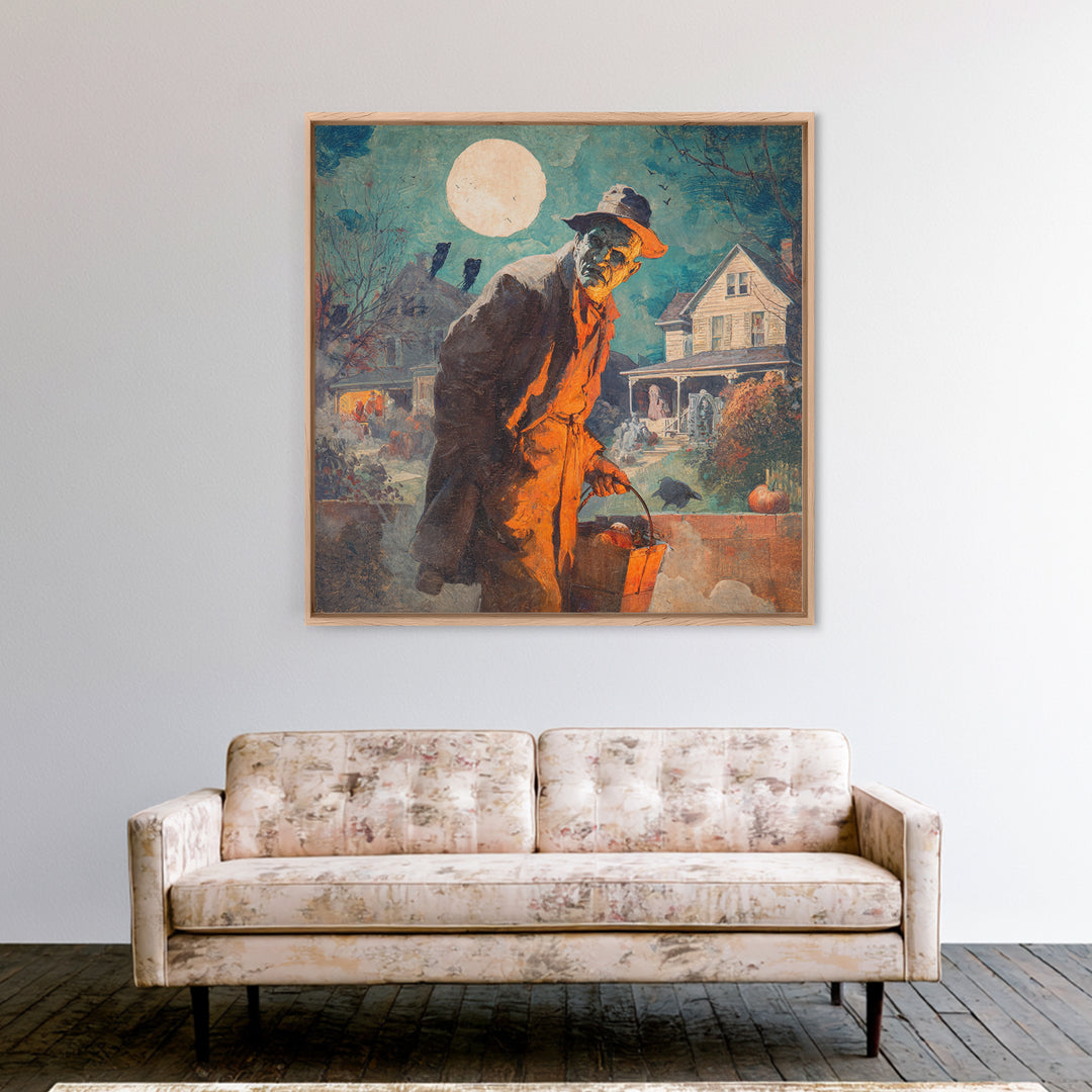 1950s Halloween Nostalgia, Symbolist Etching Art, Square Wall Art, Dark Halloween Decor, Framed Canvas Print, Halloween Wall Art