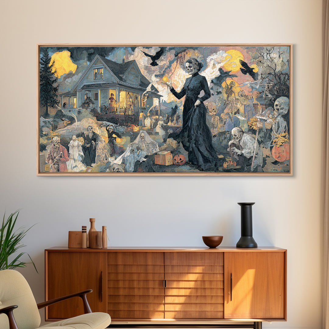 1950s Halloween Nostalgia, Grotesque Carnival Art, Wide Panoramic Art, Dark Halloween Decor, Framed Canvas Print, Halloween Wall Art