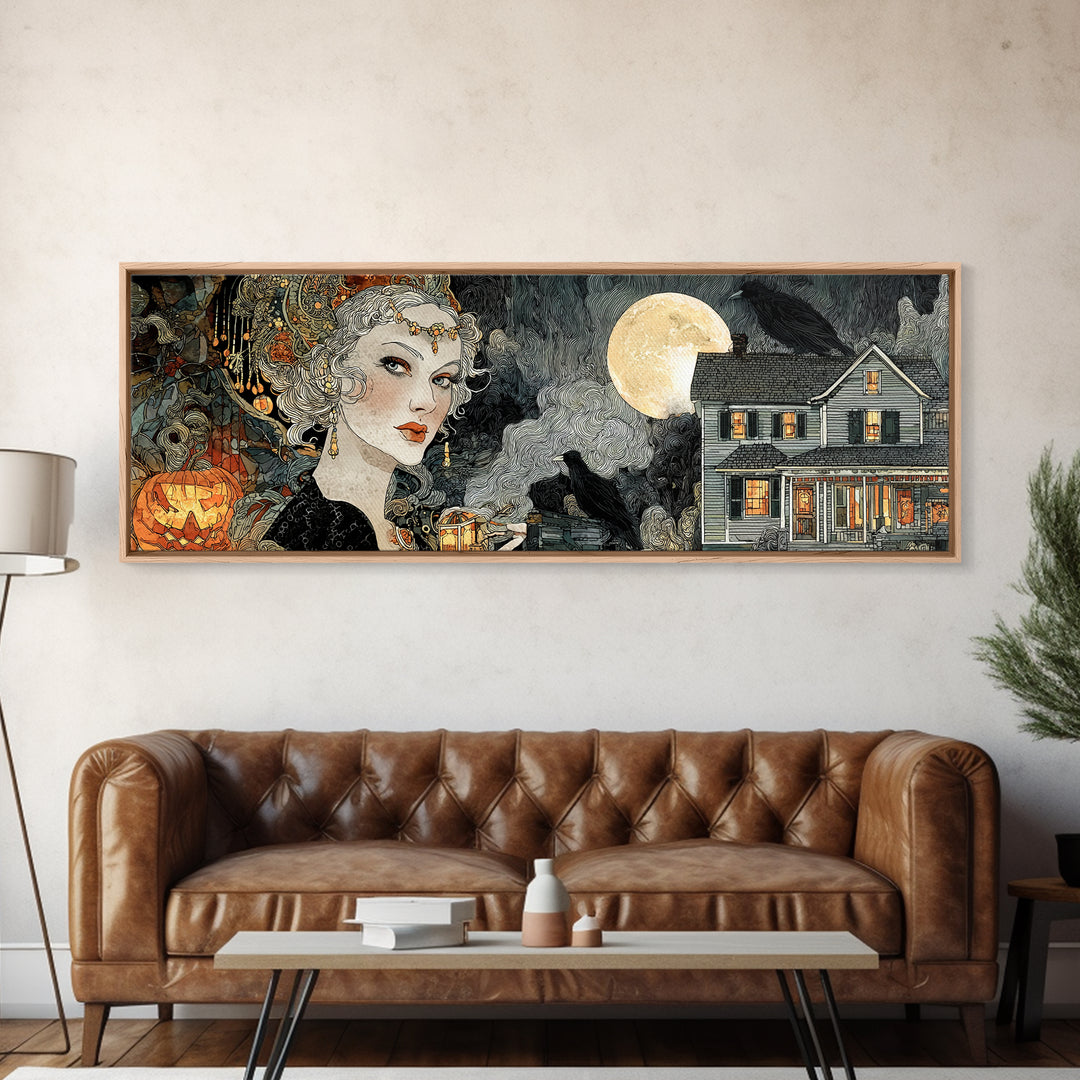 1950s Halloween Nostalgia, Stained Glass Gothic Art, Extra Wide Wall Art, Dark Halloween Decor, Canvas Print, Halloween Wall Art