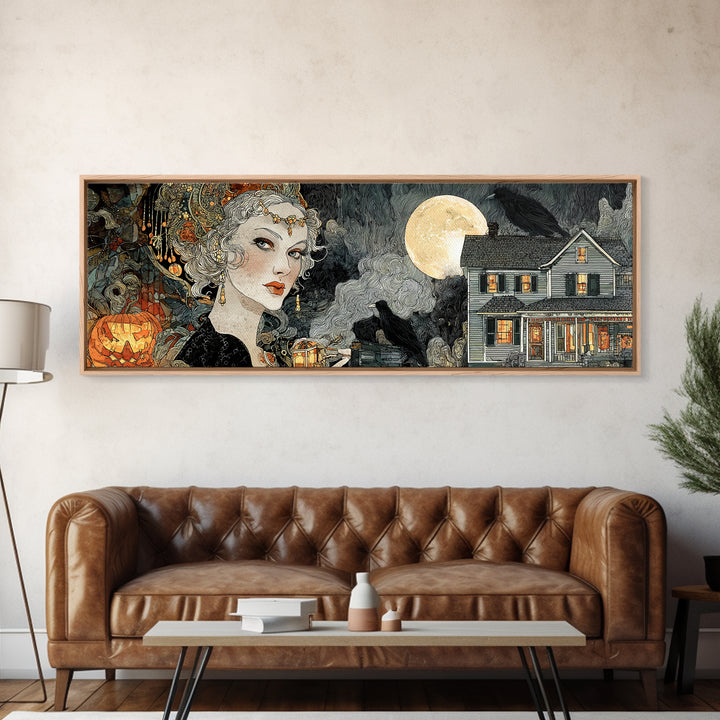 1950s Halloween Nostalgia, Stained Glass Gothic Art, Extra Wide Wall Art, Dark Halloween Decor, Canvas Print, Halloween Wall Art