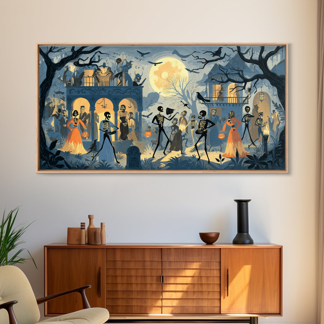 1950s Halloween Nostalgia, Macabre Folk Print Art, Wide Panoramic Art, Dark Halloween Decor, Canvas Print, Halloween Wall Art