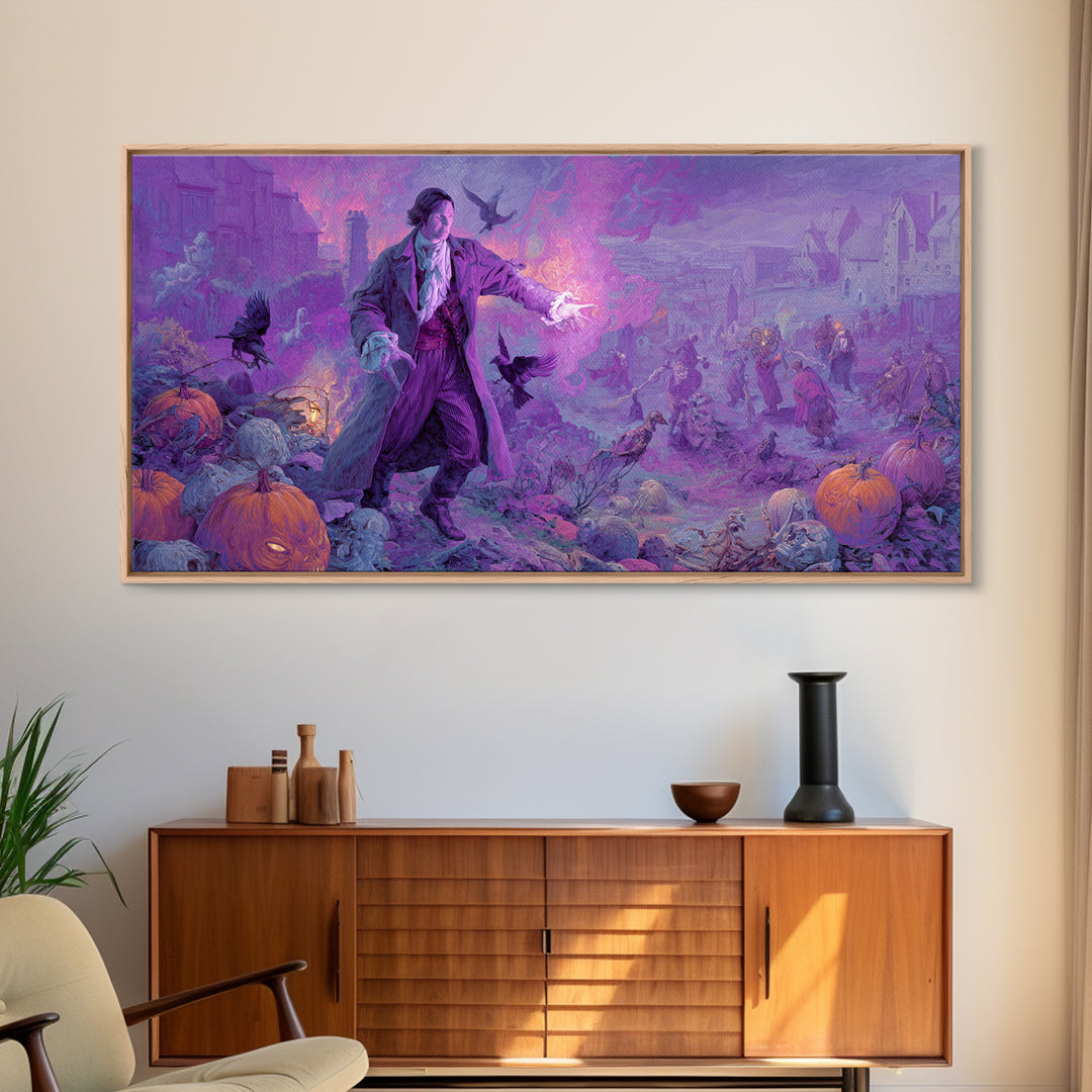 1980s Neon Horror, Northern Renaissance Horror, Wide Panoramic Art, Dark Fantasy Wall Art, Framed Canvas Print, Halloween Wall Art