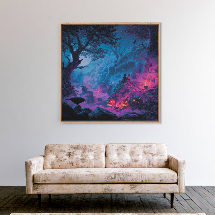 1980s Neon Horror, Baroque Witchcraft Art, Square Wall Art, Dark Halloween Decor, Framed Canvas Print, Halloween Wall Art