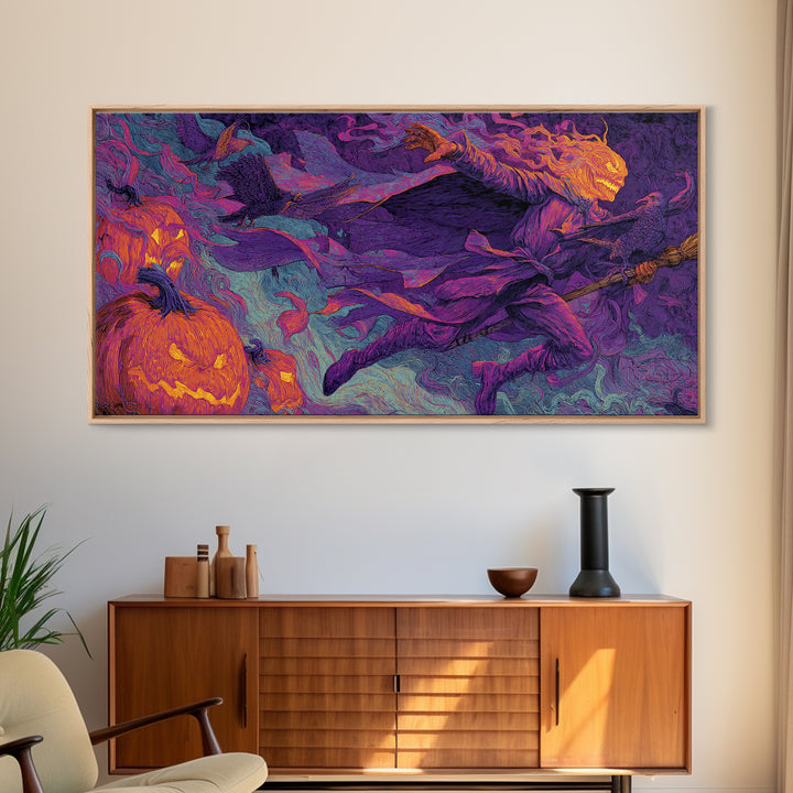 1980s Neon Horror, Visionary Gothic Art, Wide Panoramic Art, Dark Fantasy Wall Art, Canvas Print, Halloween Wall Art