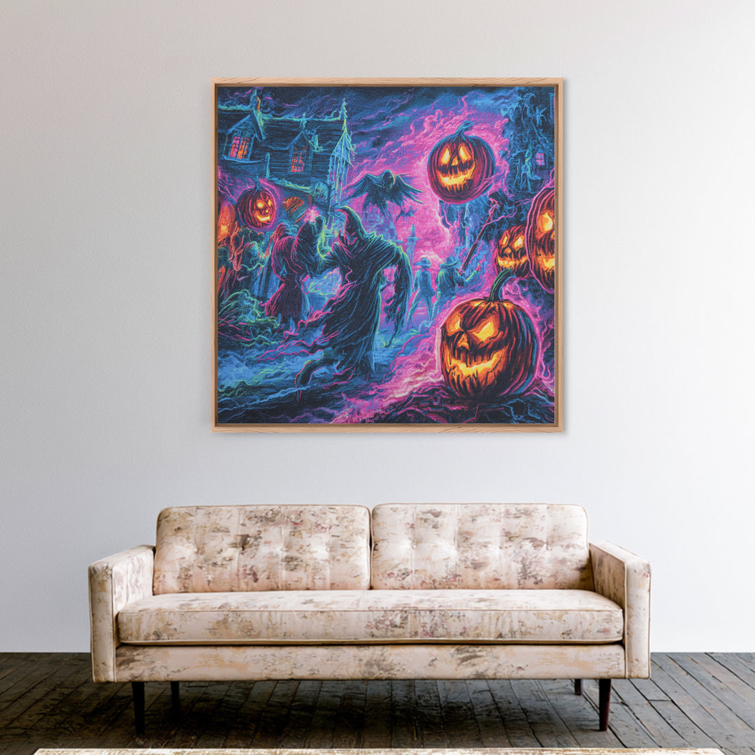 1980s Neon Horror, Grotesque Carnival Art, Square Wall Art, Dark Fantasy Wall Art, Framed Canvas Print, Halloween Wall Art