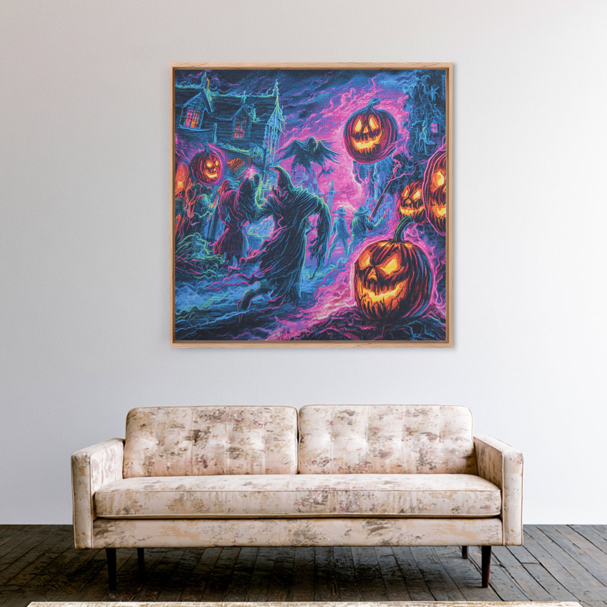 1980s Neon Horror, Grotesque Carnival Art, Square Wall Art, Dark Fantasy Wall Art, Framed Canvas Print, Halloween Wall Art