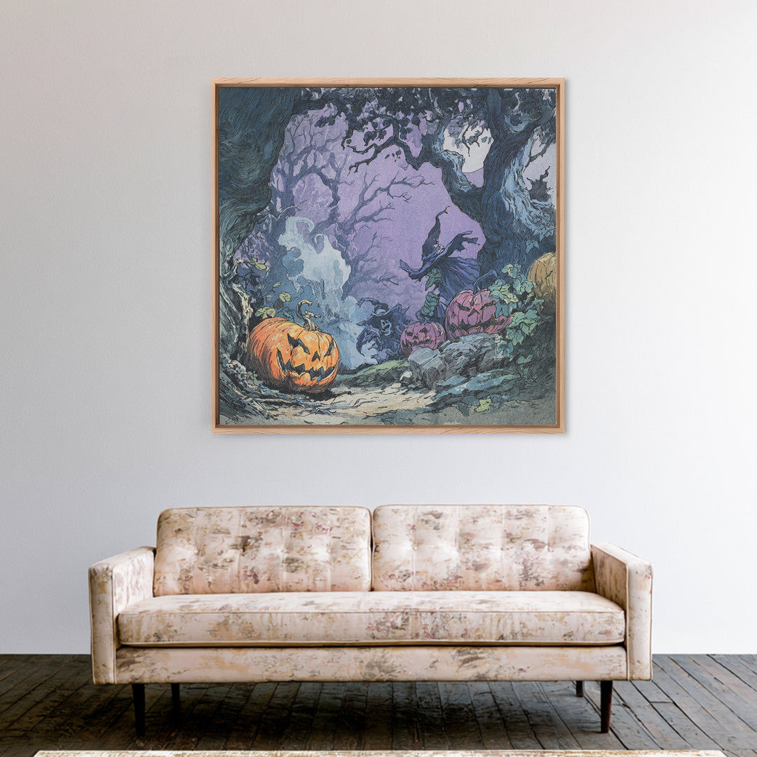 1980s Neon Horror, Gothic Storybook Art, Square Wall Art, Dark Fantasy Wall Art, Framed Canvas Print, Halloween Wall Art