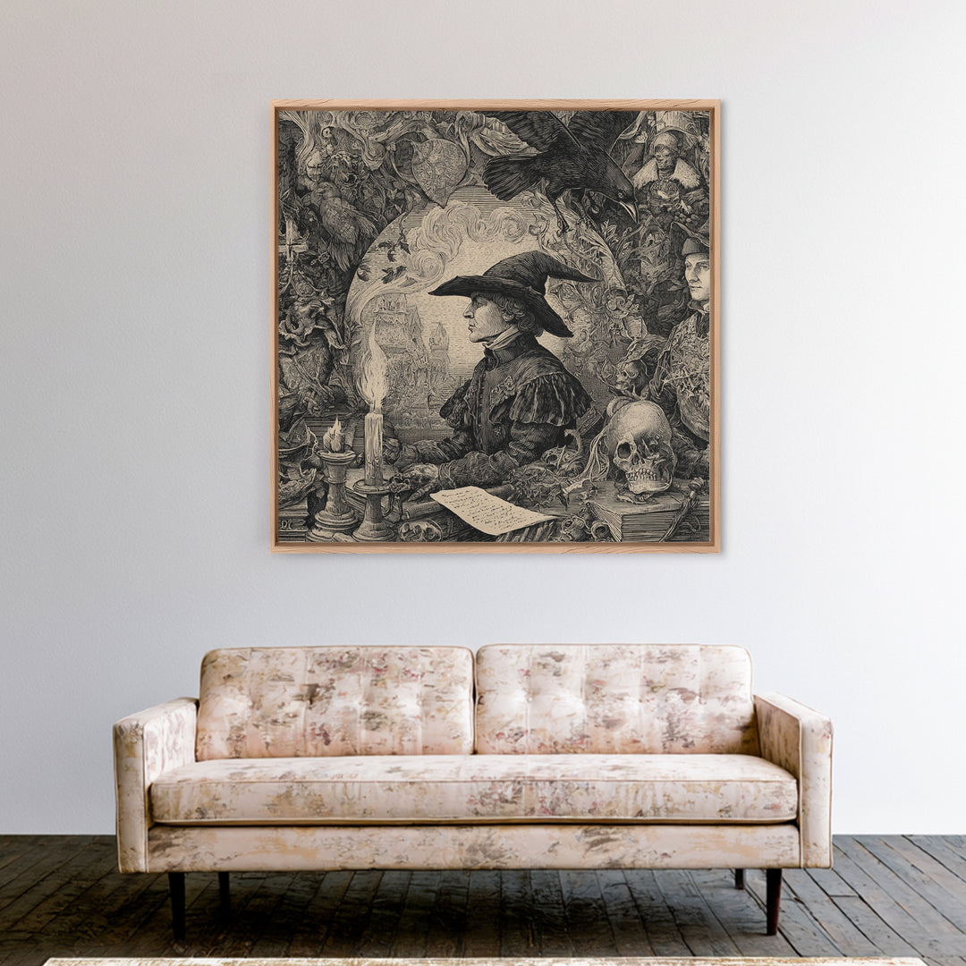 Dark Academia Halloween, Renaissance Engraving Art, Square Wall Art, Gothic Horror Wall Art, Canvas Print, Halloween Wall Art