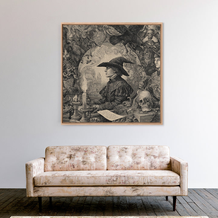 Dark Academia Halloween, Renaissance Engraving Art, Square Wall Art, Gothic Horror Wall Art, Canvas Print, Halloween Wall Art
