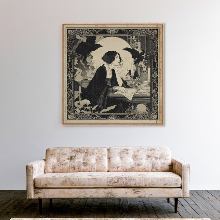 Dark Academia Halloween, Decadent Line Art, Square Wall Art, Dark Halloween Decor, Framed Canvas Print, Halloween Wall Art