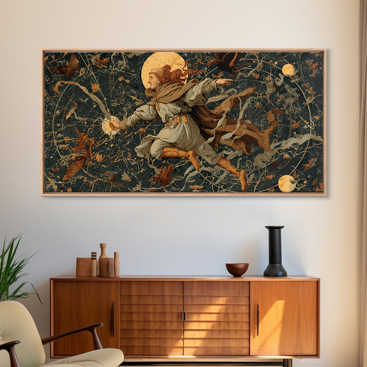 Celestial Witchcraft, Medieval Grotesque Art, Wide Panoramic Art, Macabre Wall Art, Framed Canvas Print, Halloween Wall Art