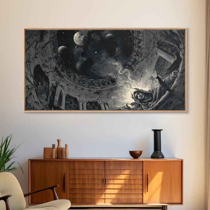 Celestial Witchcraft, Architectural Etching Art, Wide Panoramic Art, Gothic Horror Wall Art, Framed Canvas Print