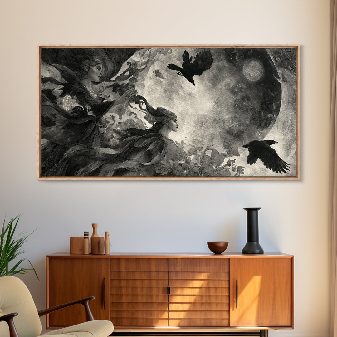 Celestial Witchcraft, Symbolist Dream Art, Wide Panoramic Art, Dark Fantasy Wall Art, Framed Canvas Print, Halloween Wall Art