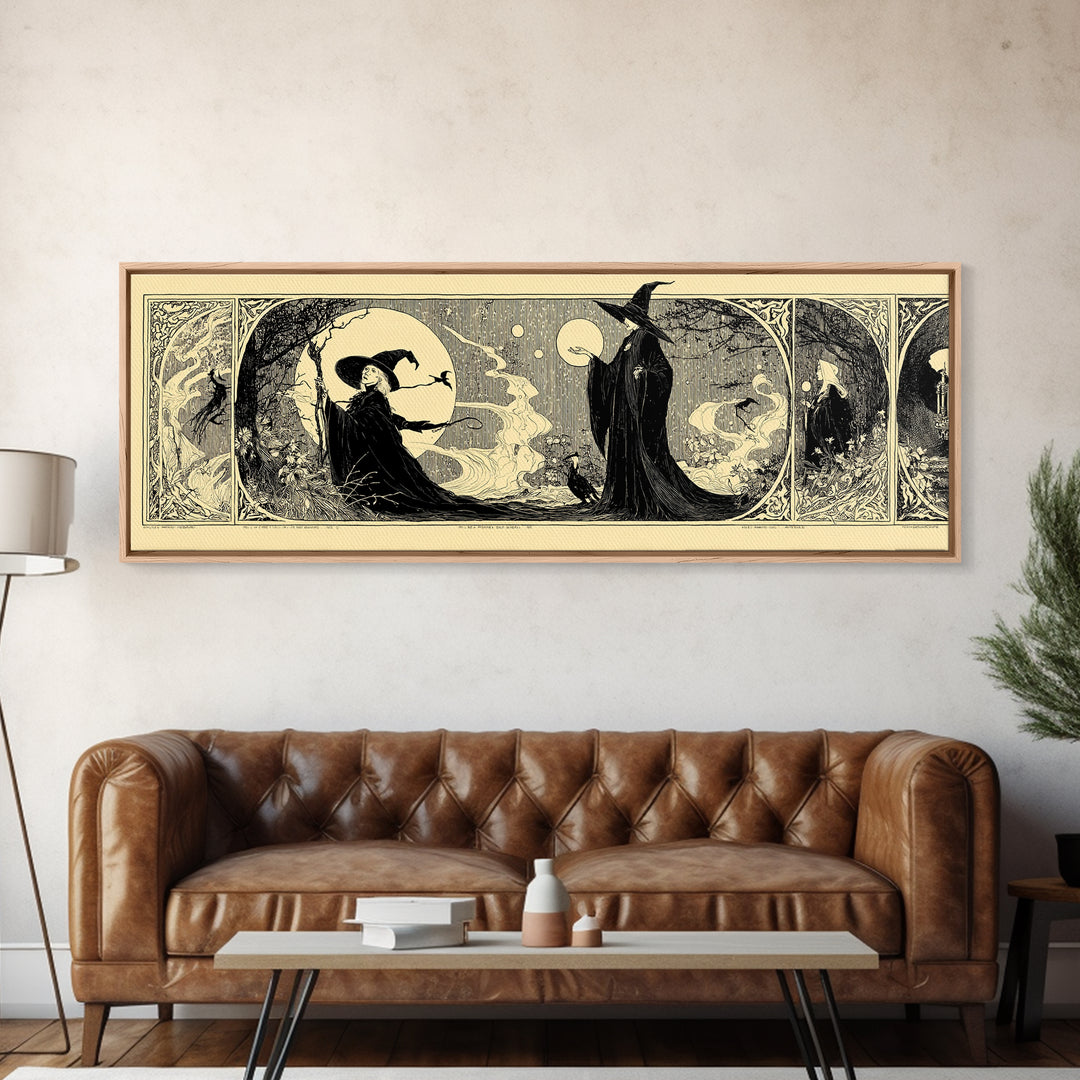 Celestial Witchcraft, Decadent Line Art, Extra Wide Wall Art, Macabre Wall Art, Framed Canvas Print, Halloween Wall Art