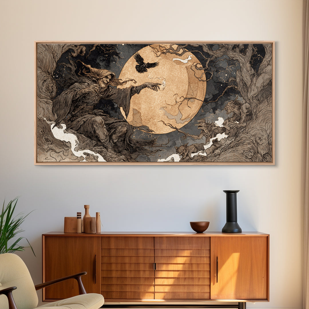 Celestial Witchcraft, Gothic Storybook Art, Wide Panoramic Art, Dark Halloween Decor, Canvas Print, Halloween Wall Art