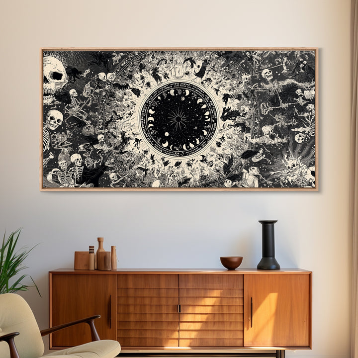 Celestial Witchcraft, Macabre Folk Print Art, Wide Panoramic Art, Dark Halloween Decor, Framed Canvas Print, Halloween Wall Art