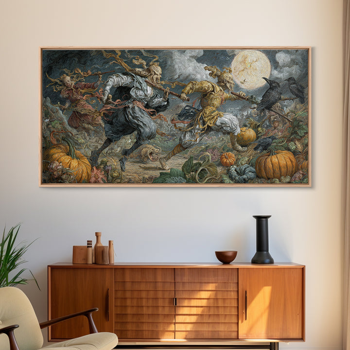 Occult Harvest Festival, Gothic Engraving Art, Wide Panoramic Art, Macabre Wall Art, Framed Canvas Print, Halloween Wall Art