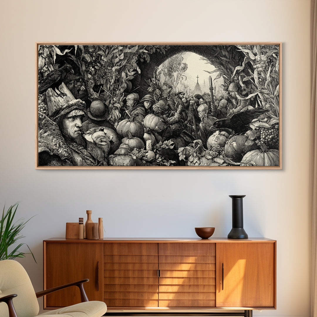 Occult Harvest Festival, Renaissance Engraving Art, Wide Panoramic Art, Gothic Horror Wall Art, Framed Canvas Print, Halloween Wall Art