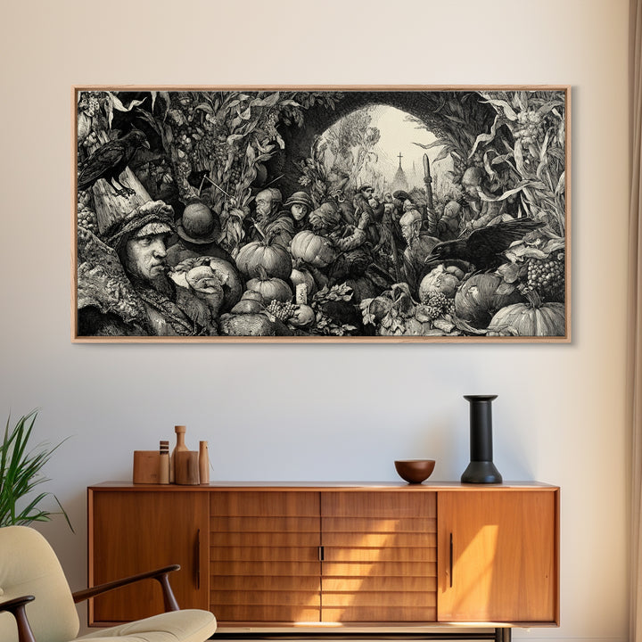 Occult Harvest Festival, Renaissance Engraving Art, Wide Panoramic Art, Gothic Horror Wall Art, Framed Canvas Print, Halloween Wall Art