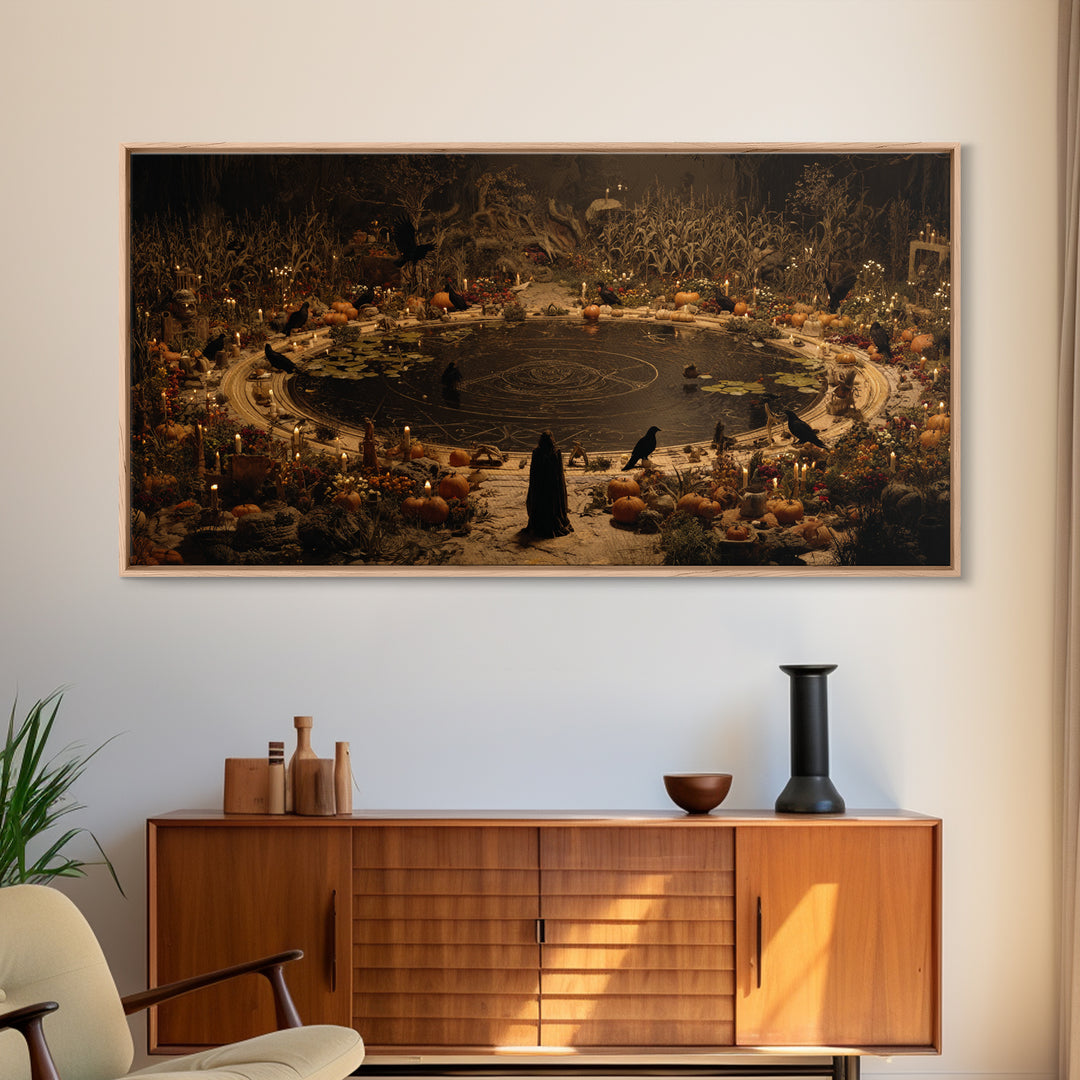 Occult Harvest Festival, Symbolist Gothic Landscape, Wide Panoramic Art, Dark Fantasy Wall Art, Framed Canvas Print, Halloween Wall Art
