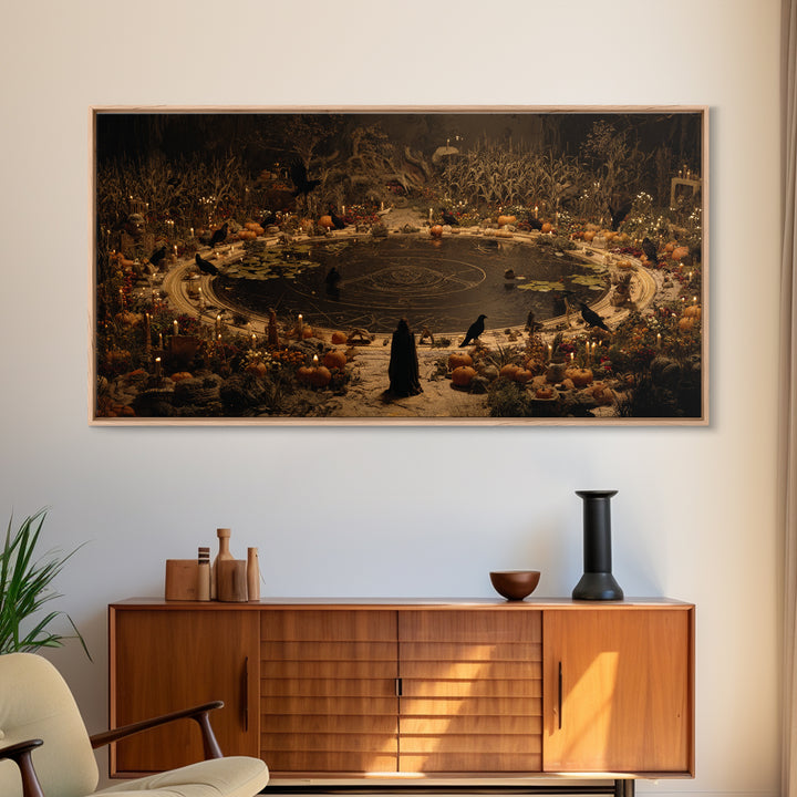 Occult Harvest Festival, Symbolist Gothic Landscape, Wide Panoramic Art, Dark Fantasy Wall Art, Framed Canvas Print, Halloween Wall Art
